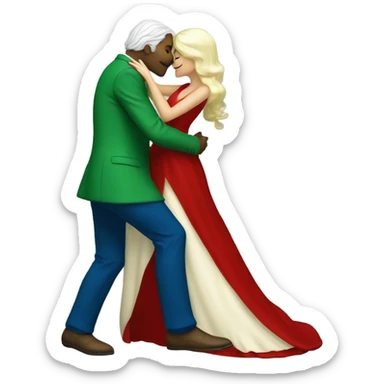 Beatiful tall green skin female reptilian in red dress, kissing white man in blue dress, full figure, full body sticker