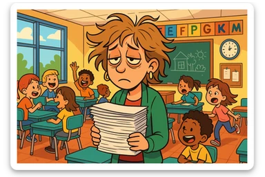 digital cartoon art of a exhausted teacher in a bustling classroom sticker