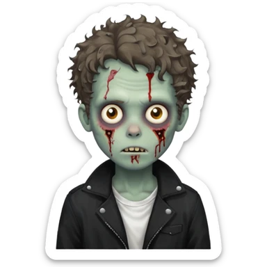 zombie boy medium length messy curly hair black jacket white tee shirt  sticker