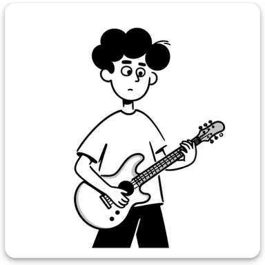 A musician holding a guitar, with a worried expression, looking up at the sky, concerned face, furrowed brow, waiting for an opportunity sticker