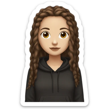 white girl with thick long big brown dreadlocks, brown eyes, and a black hoodie sticker