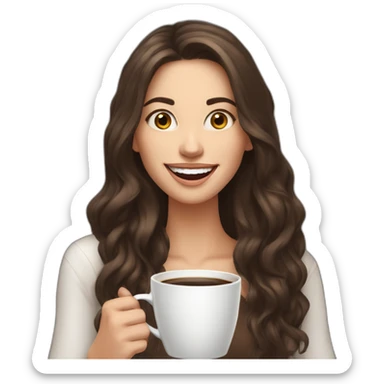 white young brunet woman with long hair with face visible huge smile and eyes wide open holding a huge cup of coffee sticker