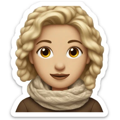 Dark blonde hair woman with brown eyes cozy scarf with coffee sticker