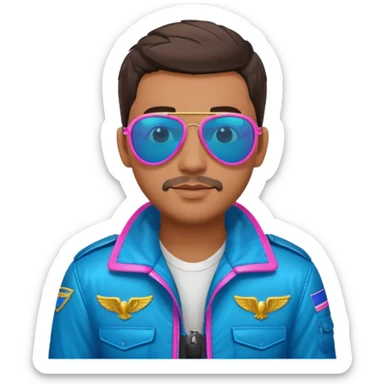 1980s cool man with stubble wearing reflective neon pink and blue aviator sunglasses and a pilot topgun jacket sticker