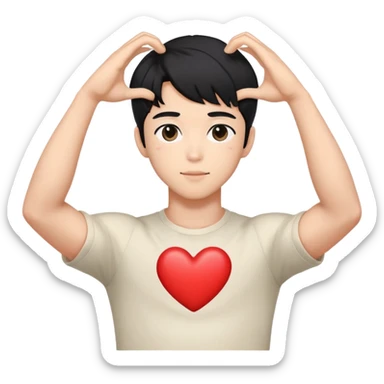 Black-haired male idol forming a heart shape with his arms above his head, arms curved to make heart outline, K-pop style sticker