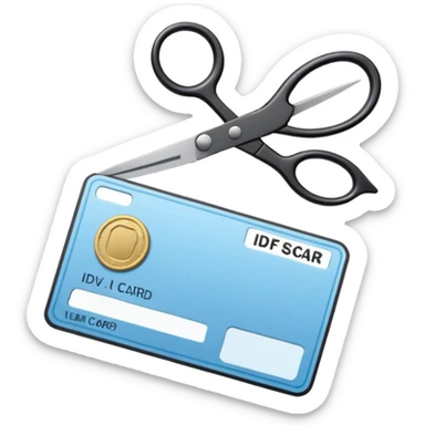 Floating black Scissors cutting a light blue idf ID card in 2 parts .hyper realistic sticker