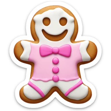 Gingerbread cookie with smiley face and white and pink frosting sticker