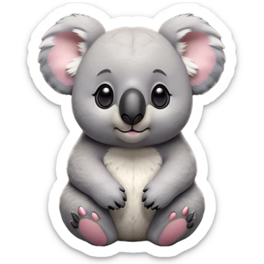 Cinematic Noble Koala Portrait Emoji, Poised and regal, with a stocky, cuddly build and a plush, well-groomed grey fur, large round ears and a distinctive big black nose, deep-set soulful dark eyes, Simplified yet sharp and sophisticated features, highly detailed, glowing with a soft, dignified glow, high shine, intelligent and gentle, stylized with an air of eucalyptus elegance, focused and attentive, soft glowing outline, capturing the essence of a watchful and confident marsupial, so majestic it feels as though it could climb out of the screen with effortless authority! sticker