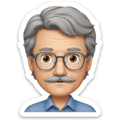 Generate a portrait of a slightly older man with glasses. His hair is quite thin, gray, but wavy. He has brown eyes and a mustache. sticker