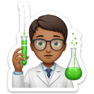 Portrait of a young scientist wearing a white lab coat, glasses, holding a test tube, curious expression sticker