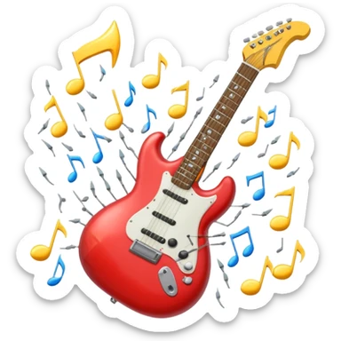 A 3D Apple-style emoji of a bold “ROCK” text written in shiny metallic letters, with an electric guitar leaning on the text, surrounded by small music notes and lightning bolts, energetic and powerful rock music vibe sticker