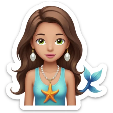 Create a teen girl wearing a light blue tank top. She will have long brunette hair, tan skin, pink lips, and grey-green eyes. She has long eyelashes. She also has light freckles and is wearing a gold charm necklace that has an n on it, a pearl, a sun, a starfish, a mermaid tail, and seashell sticker