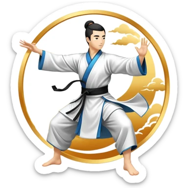 Emblem symbolizing Wushu martial arts. A graceful martial artist performs a dynamic kung fu pose, with flowing movements and a long, elegant robe. The background features stylized clouds and traditional Chinese symbols, representing fluidity, balance, and precision. Transparent background. sticker