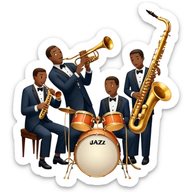 Icon for Jazz Music: The Jazz Messengers, featuring a dynamic composition with Art Blakey on drums and musicians playing saxophone, trumpet, and piano. Musical notes and a warm jazz club atmosphere emphasize the vibrant hard bop style. Transparent background. sticker