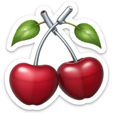 A pair of cherries emoji made of polished silver chrome, smooth rounded shapes, glossy metallic finish, soft highlights and reflections, cute proportions, iOS emoji style, centered, clean white background, no text sticker