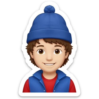 brown fluffy hair kid with blue and white hat dark blue jilet red t shirt sticker