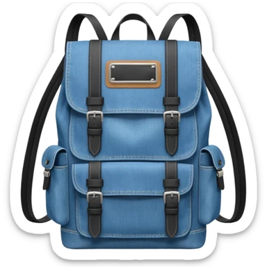 a blue denim backpack with a flap top, two vertical *black buckle straps* on the front, only at the top. The backpack has two side pockets and a soft square shape. 

 sticker