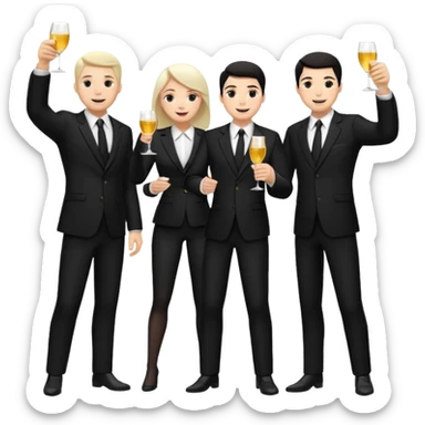 Un equipo de venta con trajes negros, personas blancas solo 3 celebrando un logro con un brindis. El fondo negro totalmente  sticker