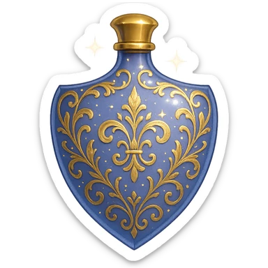 luxurious elixir bottle in shield shape, color #7986cb, gold filigree, magical shine, very small golden neck, seamless bottom, transparent background, floating, no base or shadow, modern, collection style sticker