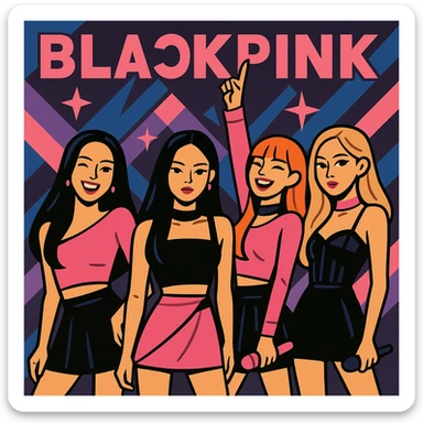 Blackpink K-pop girl group four members pink and black outfits confident glamorous stage presence dynamic pop culture style sticker