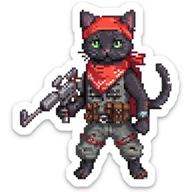 a little black cat with two machineguns and a red bandana, he's just blasting!
 sticker