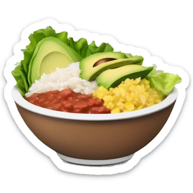 Chipotle bowl with lettuce, chicken, rice, avocado and salsa sticker