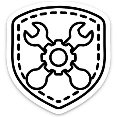 An embroidered patch with crossed wrenches and a gear design on white fabric, showcasing detailed stitching and contrasting colors.

 sticker