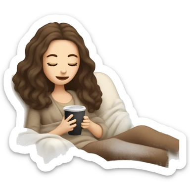 Brunette white girl covered in blanket sitting on a cozy chair holding coffee eyes closed sticker