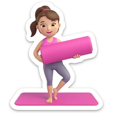 girly gym emoji with pink yoga mat, brunette hair in ponytail, smiling sticker
