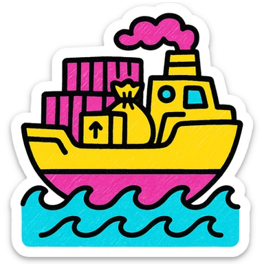 A bright and cheerful icon of a cargo ship on the ocean with trade goods sticker