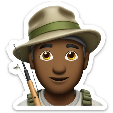 man wearing fishing hat holding fishing rod hooked with large fish sticker