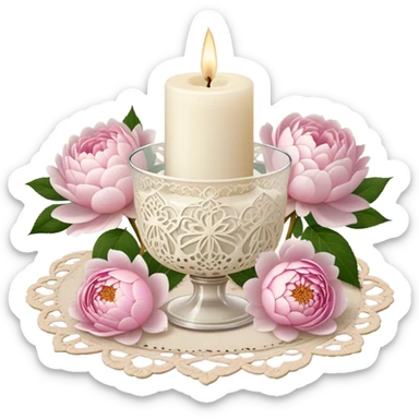 A small ivory wax candle in an ornate glass holder, placed on an antique lace doily, surrounded by loose soft pink rose petals, delicate white peonies, and blush dahlias, casting a warm, vintage glow.
 sticker