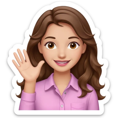 girl with wavy long brown hair, brown eyes, light to medium complexion, long lashes, light pink lipstick, smiling, wearing light pink shirt, slapping sticker