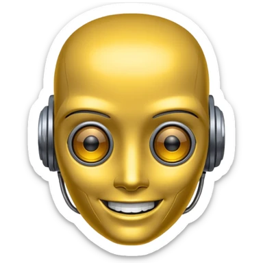 Cyberpunk robot head, yellow tint over gray,  happy sticker
