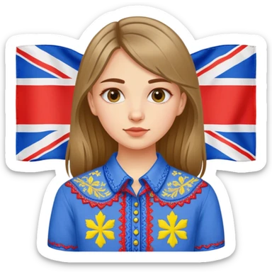 Ukrainian girl in an embroidered shirt against the background of the British flag sticker