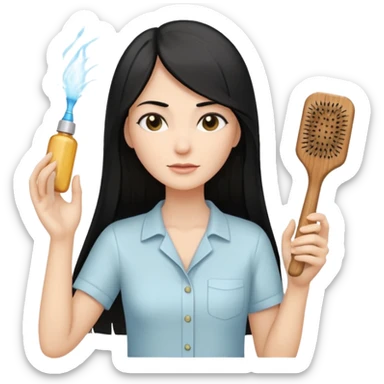 A white woman with long, straight black hair, wearing an ivory-colored shirt, holding a small square wooden paddle hairbrush in her left hand and spraying a hair mist bottle with her right hand toward her hair. sticker