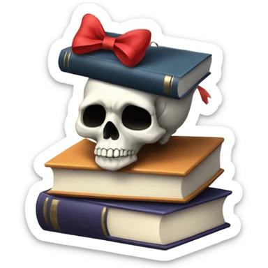 Skull with a bow on the top of the head on top of books  sticker