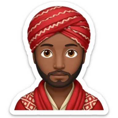 A dark-skinned man with brown eyes, a short beard, and a calm look, wearing a red patterned turban. sticker