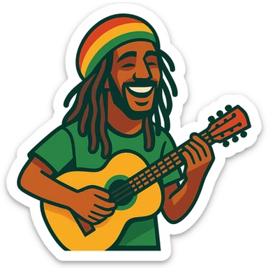 reggae musician with dreadlocks, colorful hat, smiling sticker