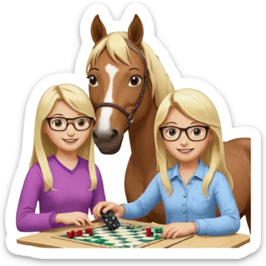 je voudrai un emoji d'une fille aux cheveux longs et blonds avec des lunettes qui fait plein de choses droles (1 avec un cheval, 1 derrière un écran ou une console, une entrain de découper, une entrain de faire un jeu de société, une qui cuisine, sticker