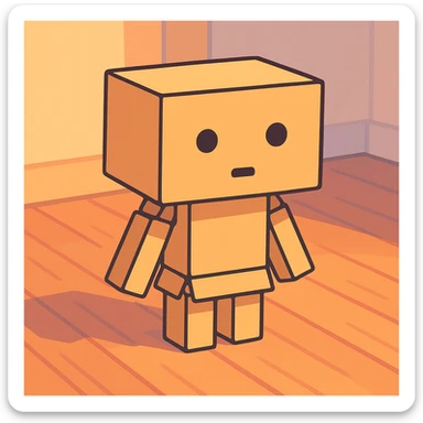 small cardboard robot named Danbo standing alone in the middle of a softly lit room, square head with two round black eyes and a small rectangular mouth, body made of folded cardboard panels, jointed arms and legs, cartoonish style with clean lines and pastel colors, warm wooden flooring, soft shadows, cozy and nostalgic atmosphere sticker