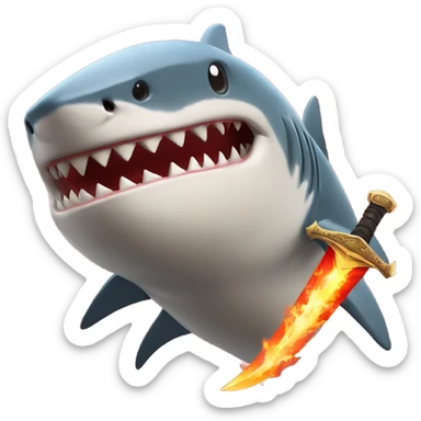 A shark wielding a sword with a fiery backdrop sticker