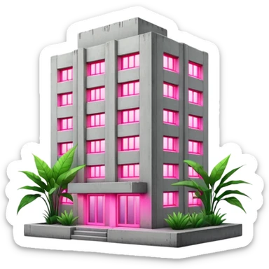 Soviet-style concrete panel apartment building block with neon pink light glowing from one window for indoor plants sticker