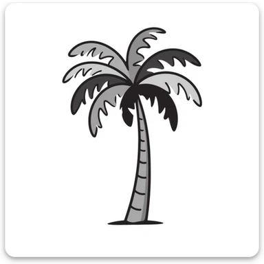 a palm tree with a curved trunk and large fronds, pastel colors dd9fb0, ffc6d3, a3bfc9, c4bee2, f1b091, detailed hand-drawn doodle style sticker