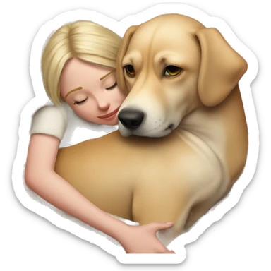 Dog laying on a knitted red blanket and he is snuggling. with a girl that’s blonde sticker