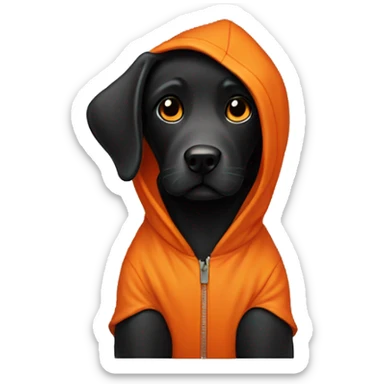Black lab wearing a  orange hoodie sticker