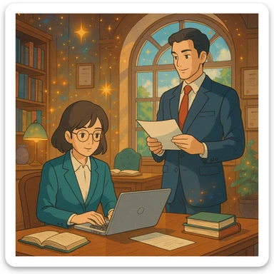 ghibli style illustration of a leader and manager working together in a magical office, showing harmony and distinction sticker