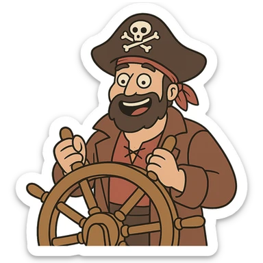 pirate steering a ship wheel, cheerful expression, simple style sticker