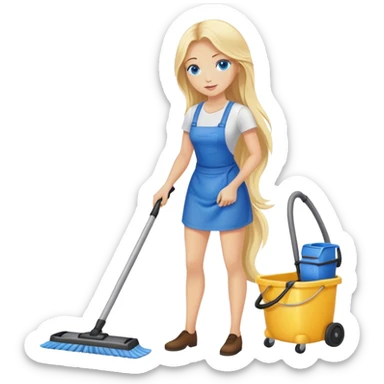 Cinematic realistic blonde with long hair, blue eyes cleans floors sticker