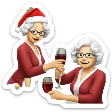 2 older ladies putting ornaments on a Christmas tree and drinking wine sticker